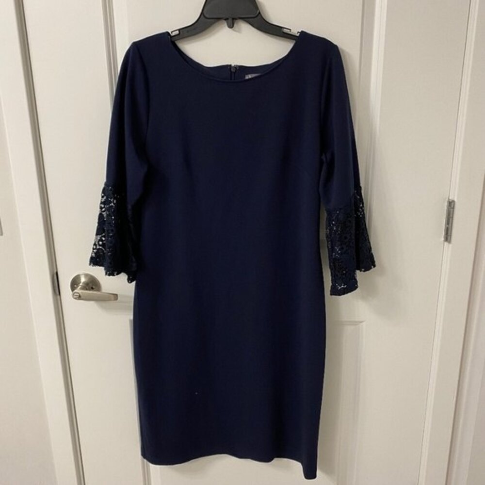 Sharagano Women's Lace Bell Sleeve Midi Dress. Blue. Size 12. Wedding. Party.